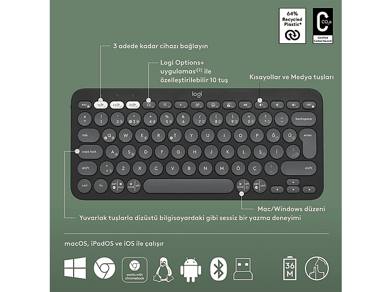 LOGITECH Pebble 2 Multi-Device Bluetooth Klavye & Mouse Seti Grafit (Türkçe Tuş Dizimi)_5