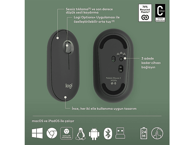 LOGITECH Pebble 2 Multi-Device Bluetooth Klavye & Mouse Seti Grafit (Türkçe Tuş Dizimi)_6