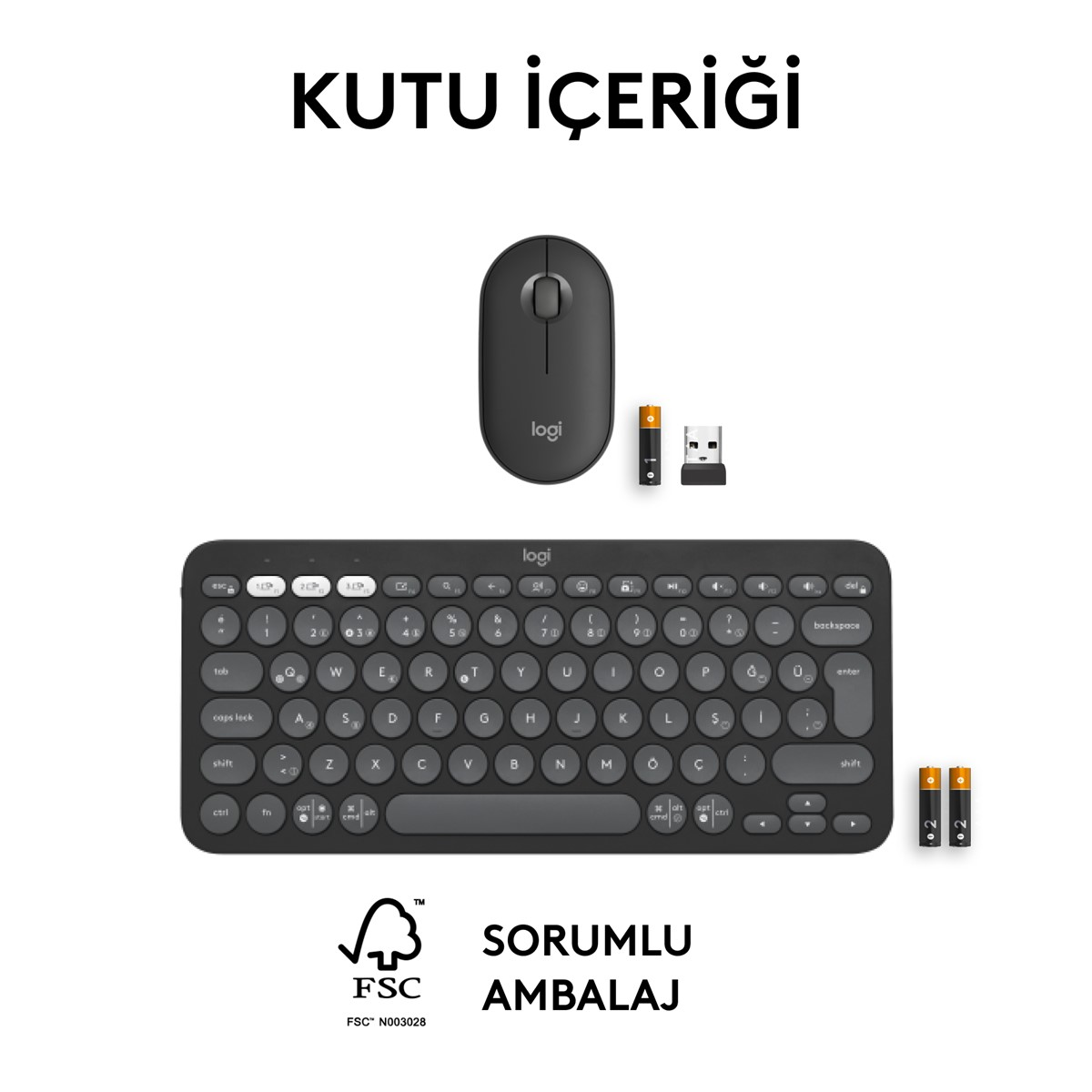Siyah klavye, fare, piller ve USB alıcısı beyaz bir yüzeyde; ambalaj.