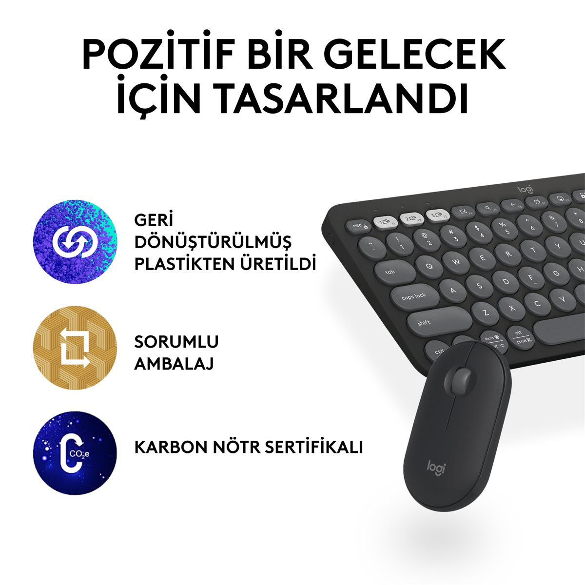 Sürdürülebilirlik simgeleri içeren bir klavye ve fare. Klavye siyahtır.