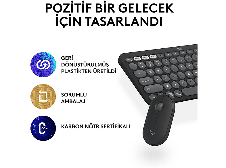 LOGITECH Pebble 2 Multi-Device Bluetooth Klavye & Mouse Seti Grafit (Türkçe Tuş Dizimi)_10