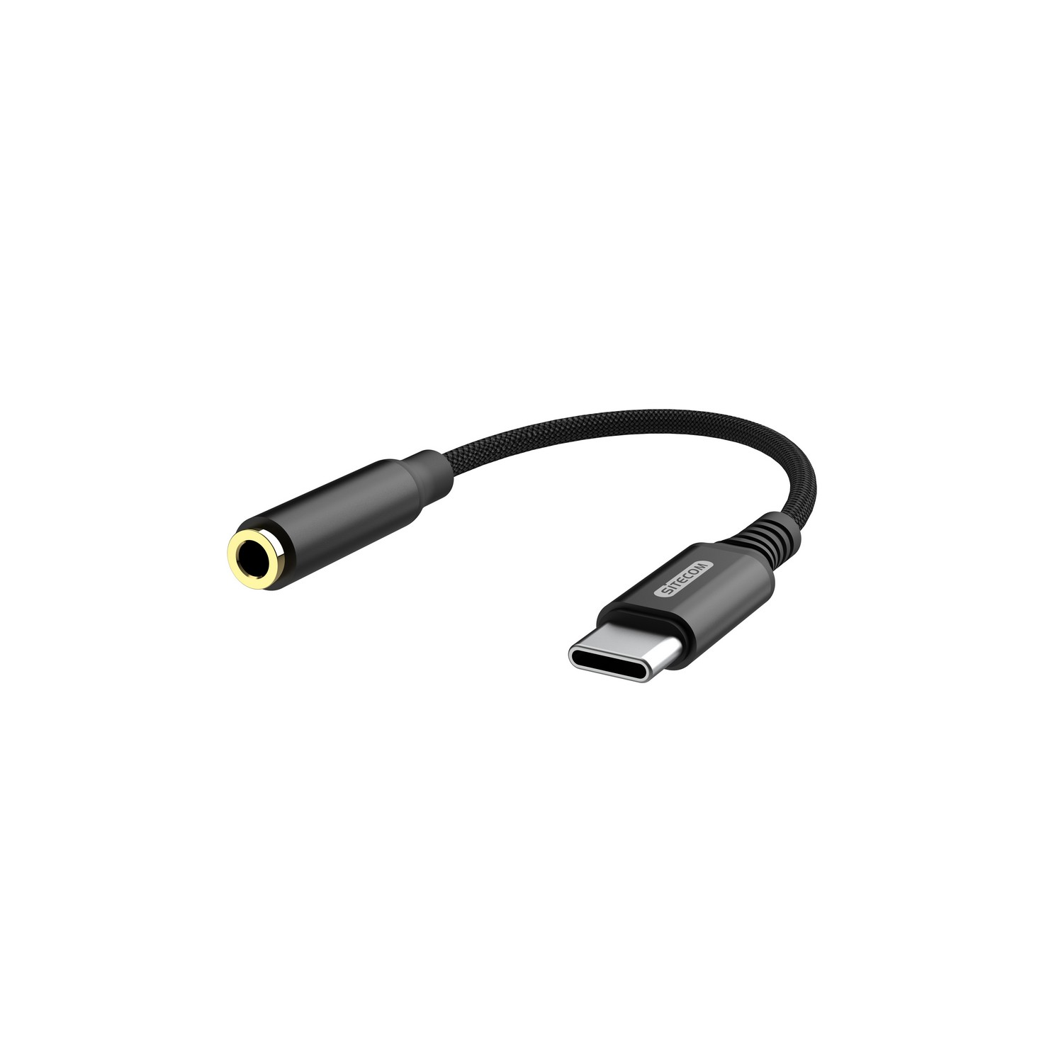 A black audio adapter with a gold end and a USB-C connector.
