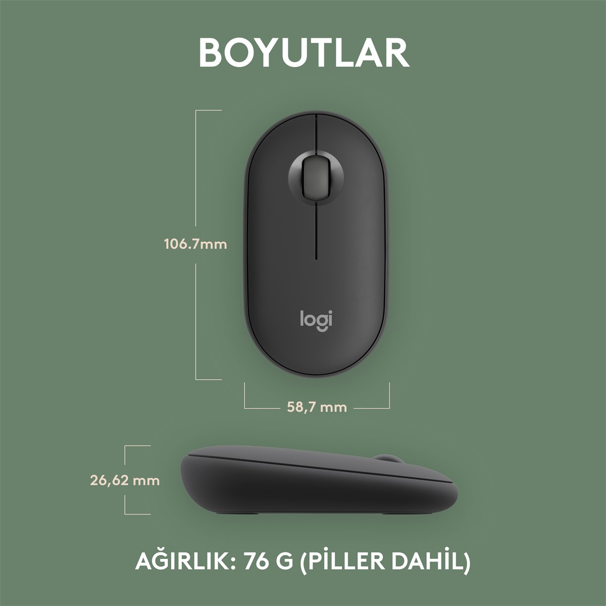 Yeşil bir arka plan üzerinde bir logo ve boyutları olan siyah bir fare.
