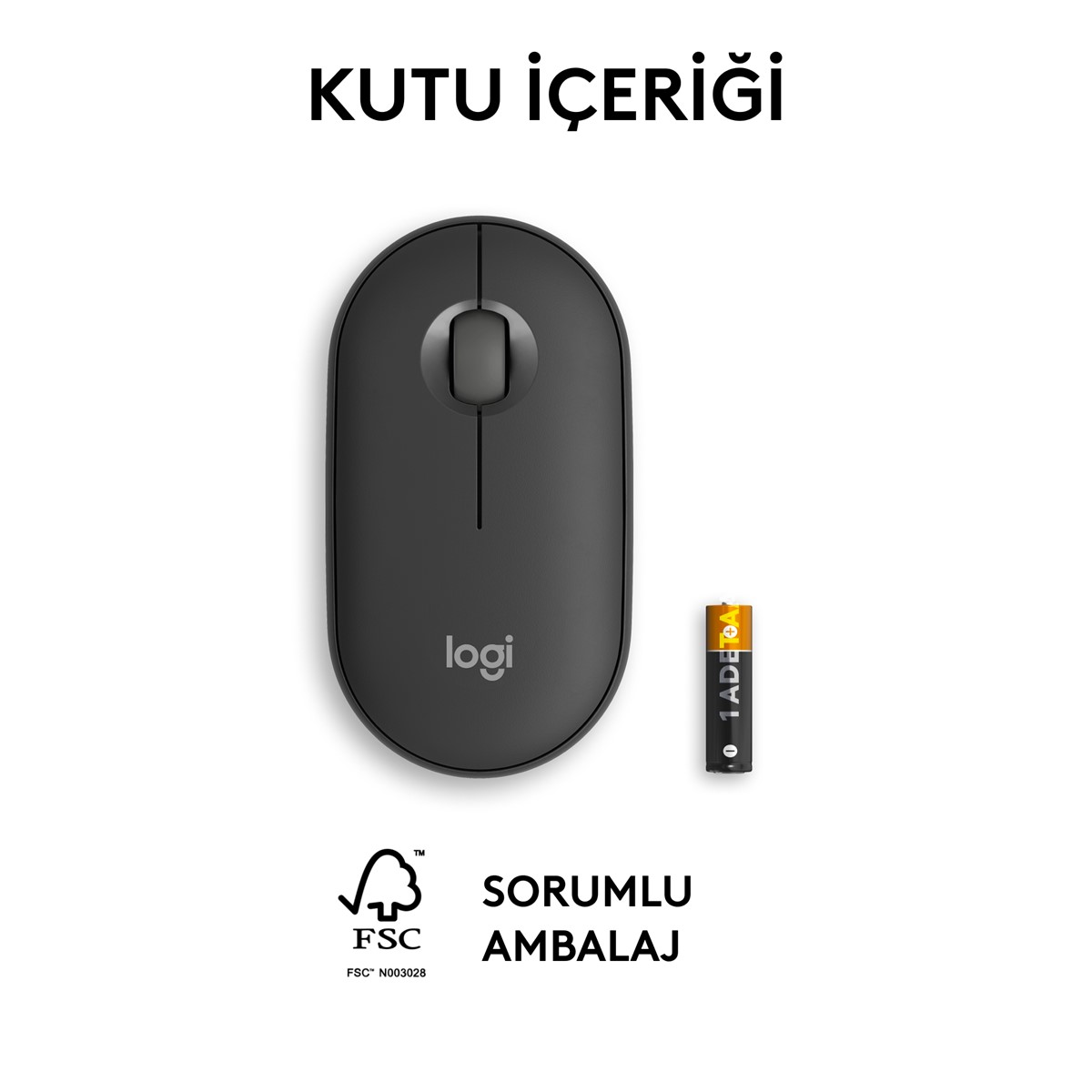 Siyah bir bilgisayar faresi ve bir AA pil, farenin yüzeyinde bir logo var.