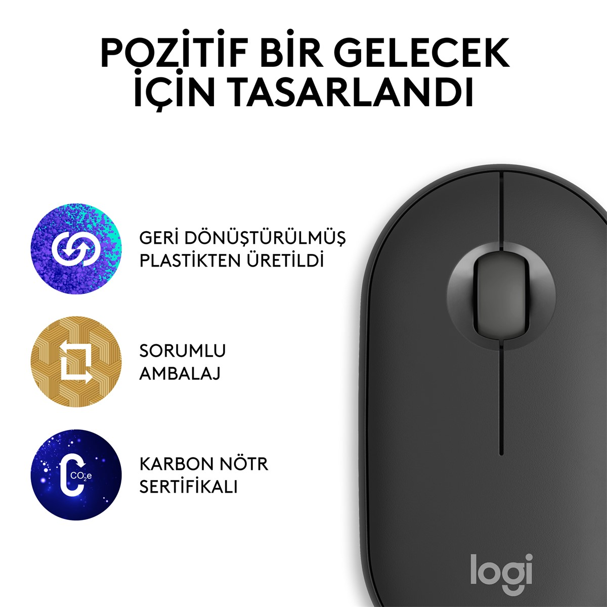 Kaydırma tekerleği olan siyah bir bilgisayar faresi ve sürdürülebilirlik hakkında Türkçe metin.