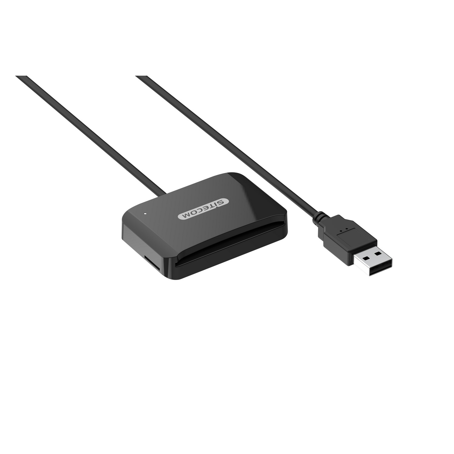 A black Sitecom card reader with a USB cable, placed on a white surface.