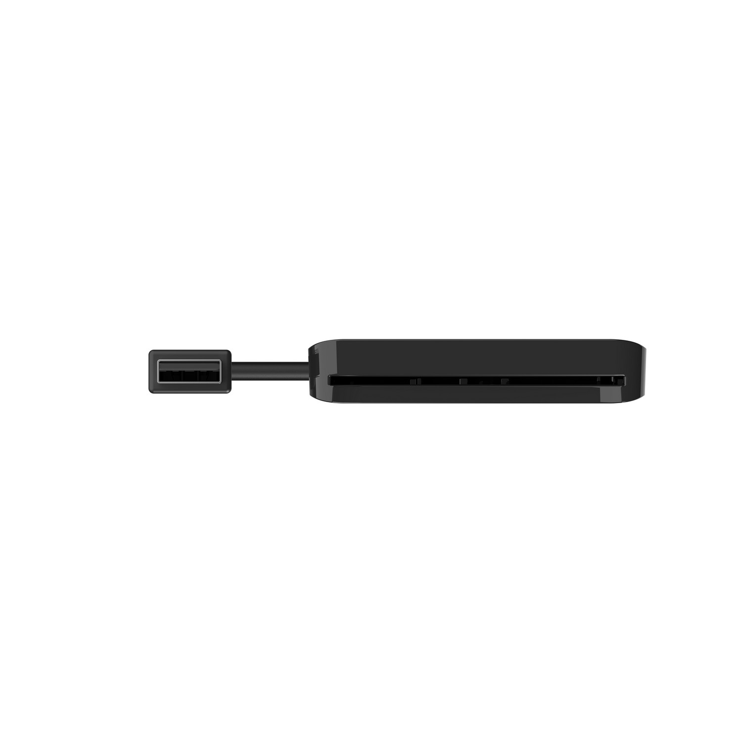 Black card reader with a USB connector on one end and slots on the other.
