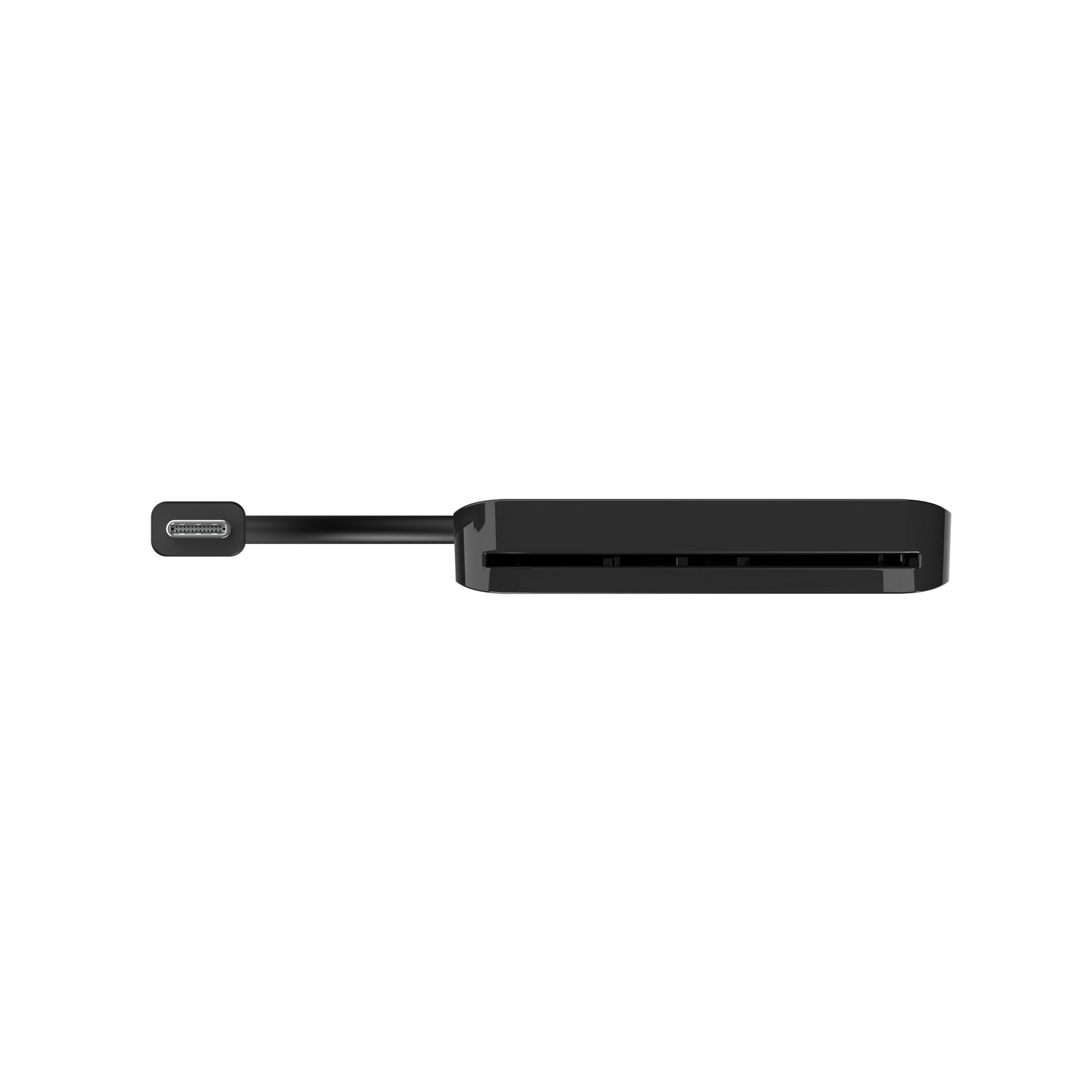 Black SD card reader with a USB-C connector, white background.