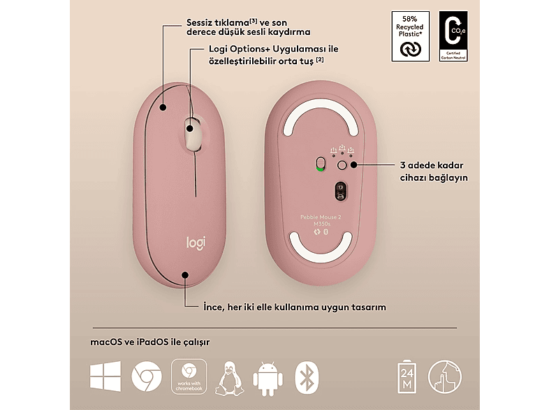 LOGITECH Pebble 2 M350s Bluetooth Mouse Pudra Pembe_6