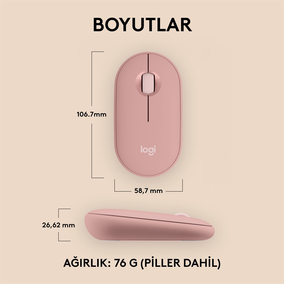 Pembe bilgisayar faresi. Üstten görünüm ve yan görünüm gösterilmektedir. Açık zemin.