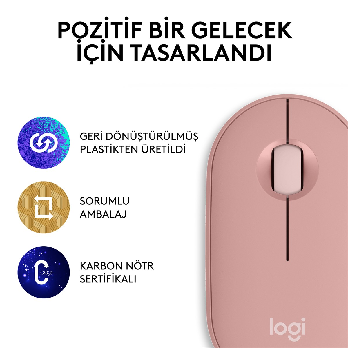 Kaydırma tekerleği olan pembe bir bilgisayar faresi ve sürdürülebilirlik hakkında Türkçe metin.