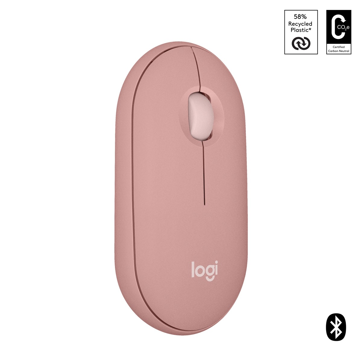 Beyaz arka plan üzerinde pembe bir Logitech Pebble fare. Logi logosu ve bir Bluetooth sembolü var.