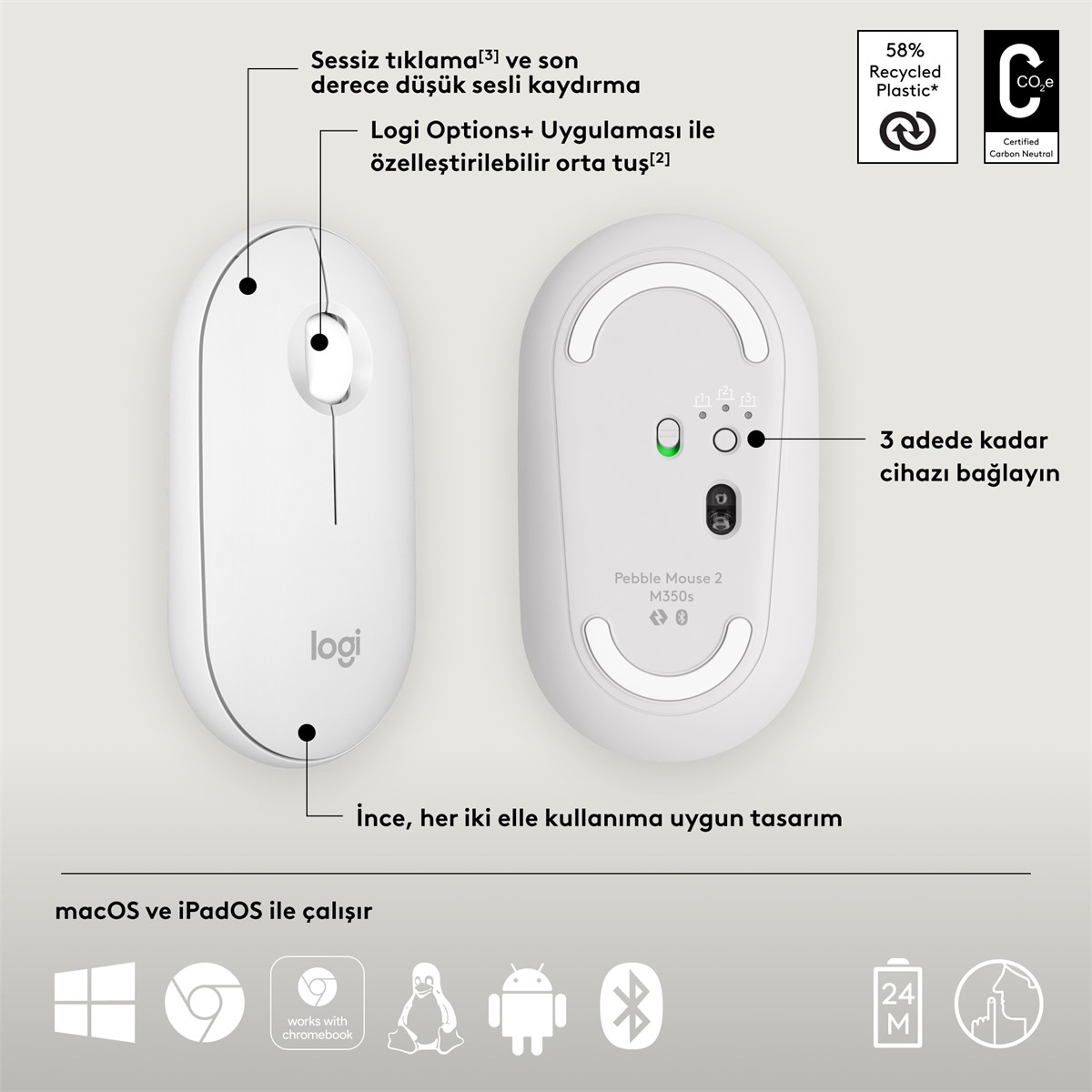 Beyaz Logitech fare, üst ve alt görünümler, logolar ve metinle.