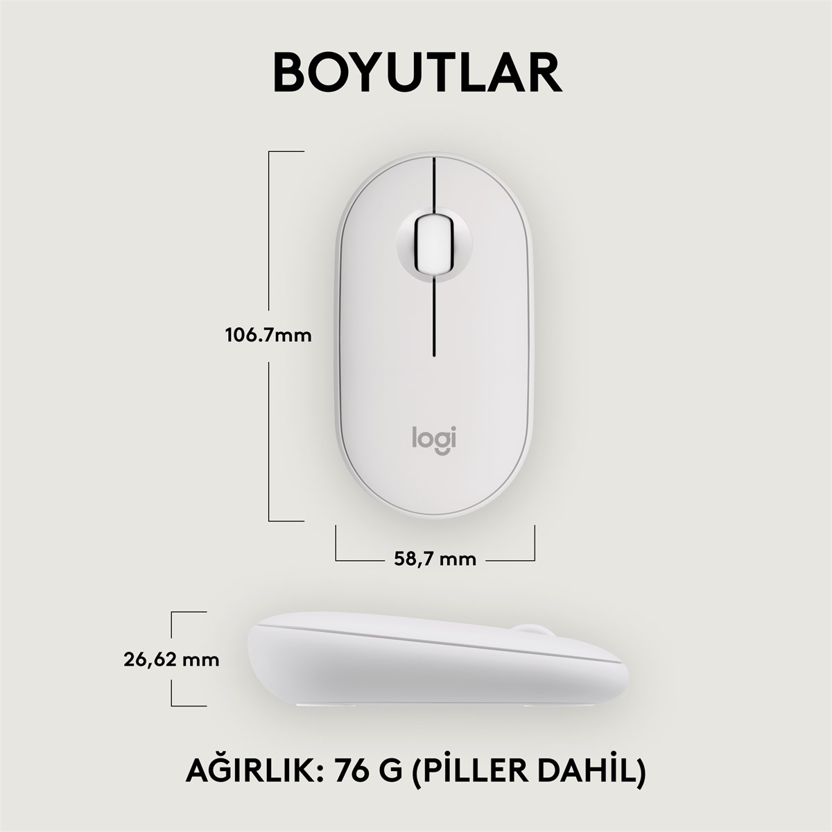 Boyutları ve ağırlık bilgileri olan beyaz bir fare.