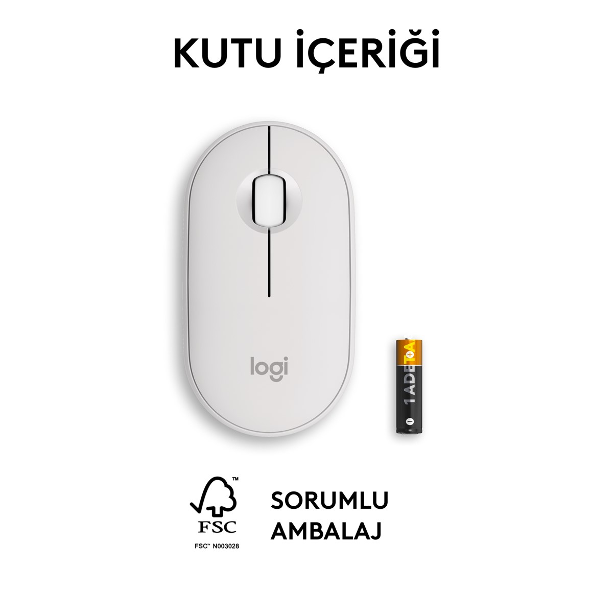 Beyaz Logitech fare ve beyaz zemin üzerinde tek bir AA pil.