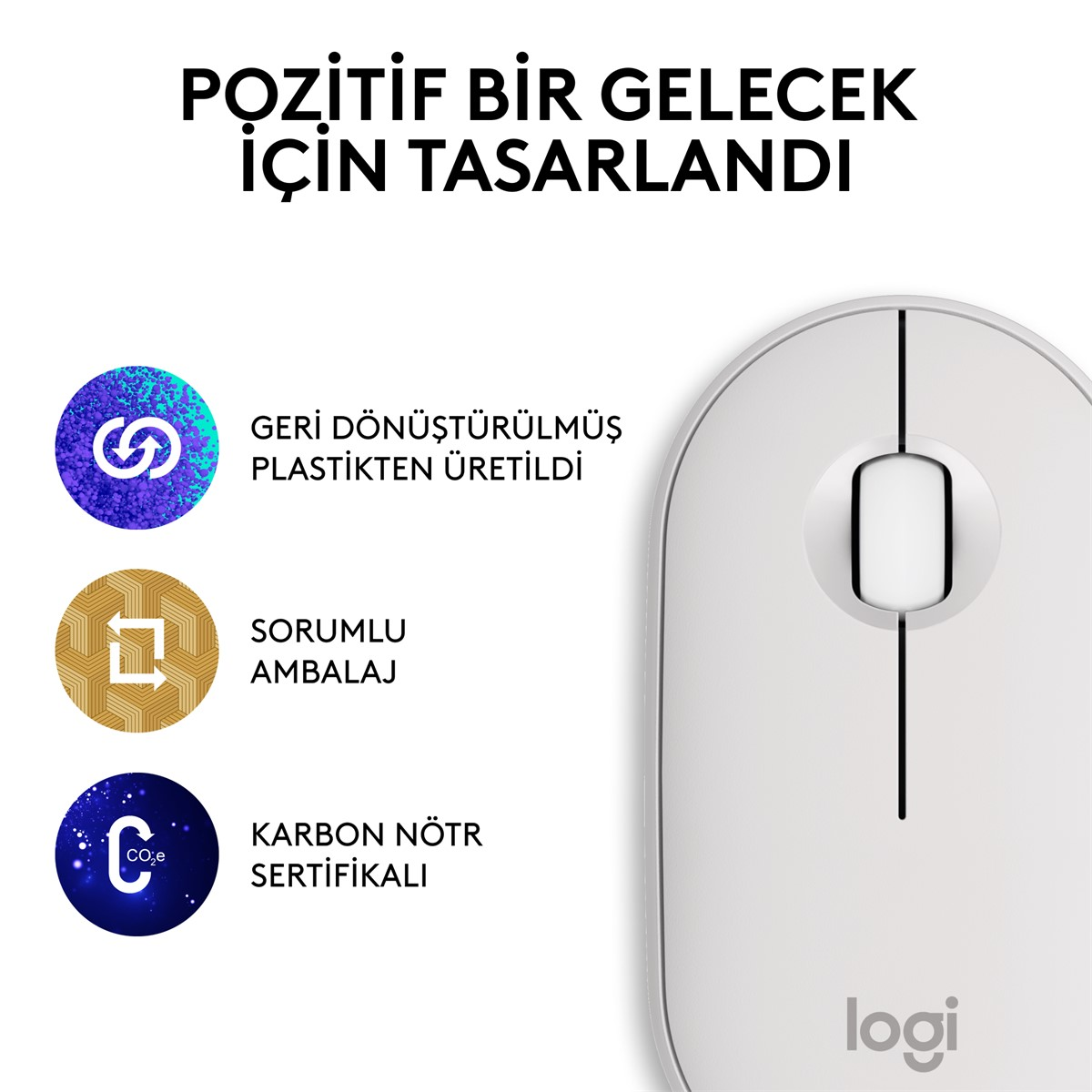 Kaydırma tekerleği olan beyaz Logitech fare, sürdürülebilirlik hakkında simgeler ve metinlerle.