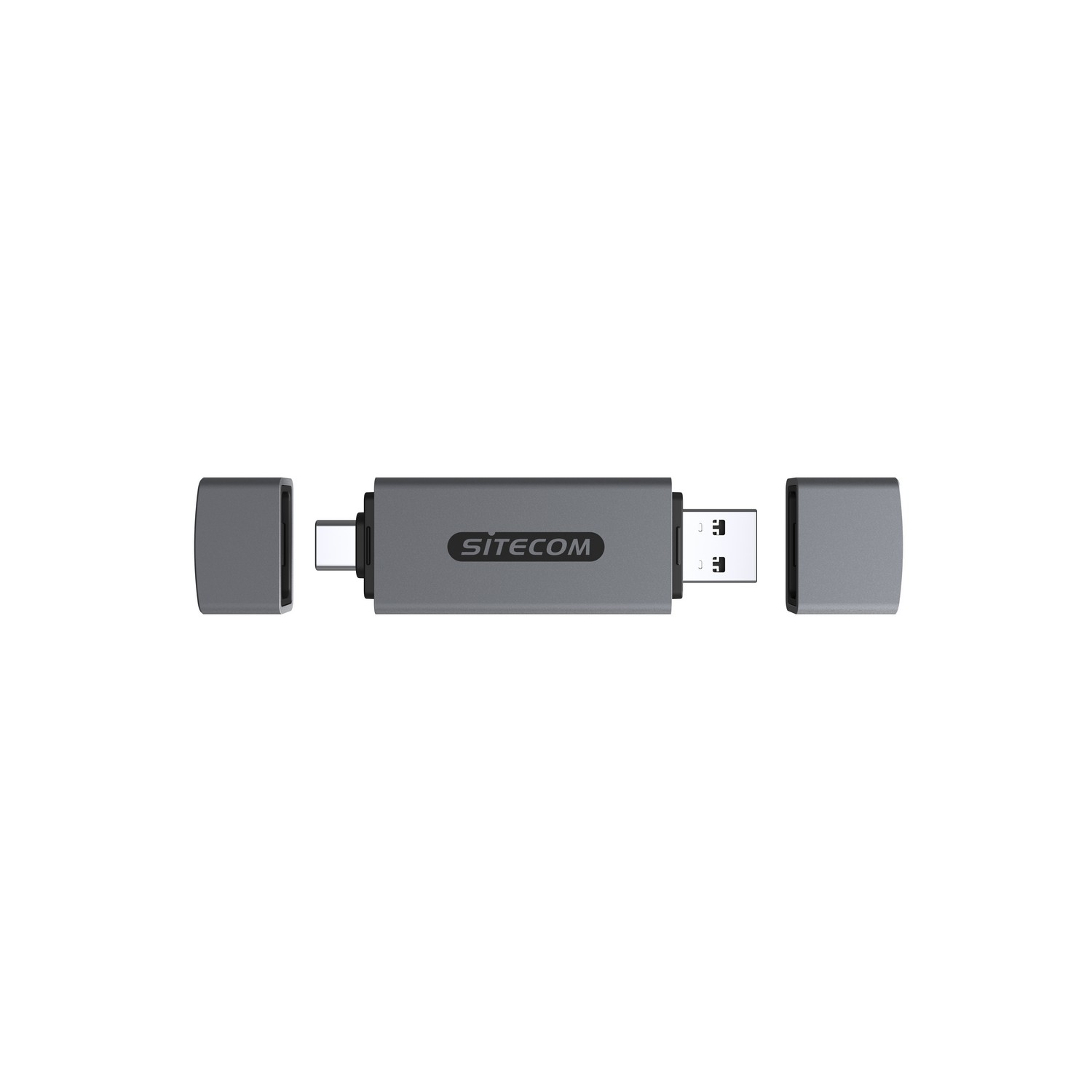 A gray Sitecom USB flash drive with caps separated on a white background.