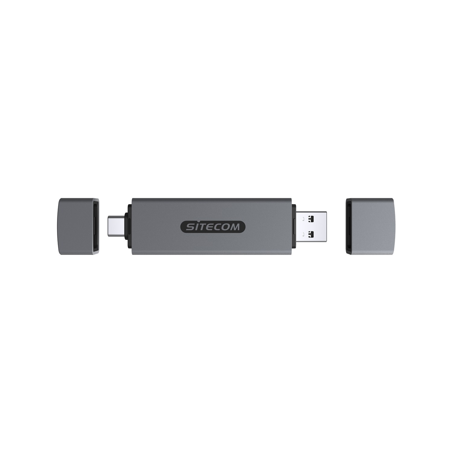 Clé USB SITECOM grise avec capuchons détachés. Connecteurs USB-A et USB-C visibles.