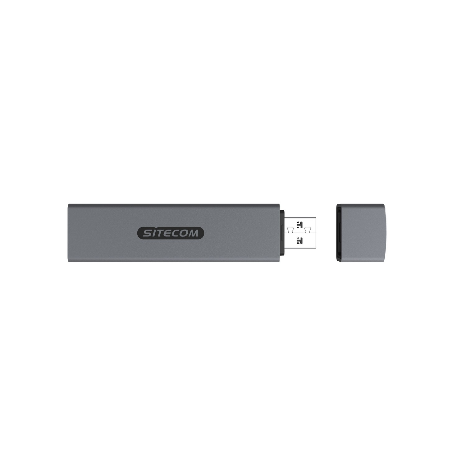 A gray USB drive with a cap. The background is white.