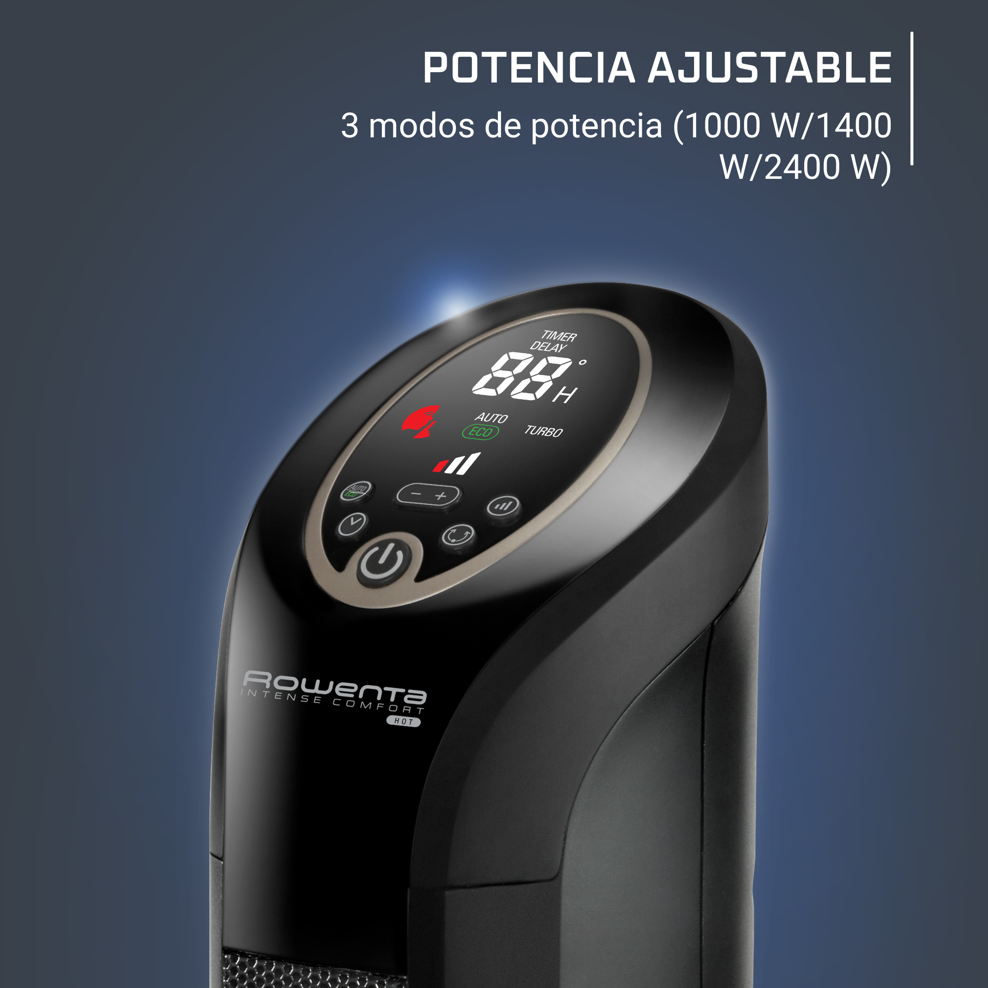 Un calefactor negro con una pantalla digital que muestra la configuración. El logotipo de Rowenta es visible.