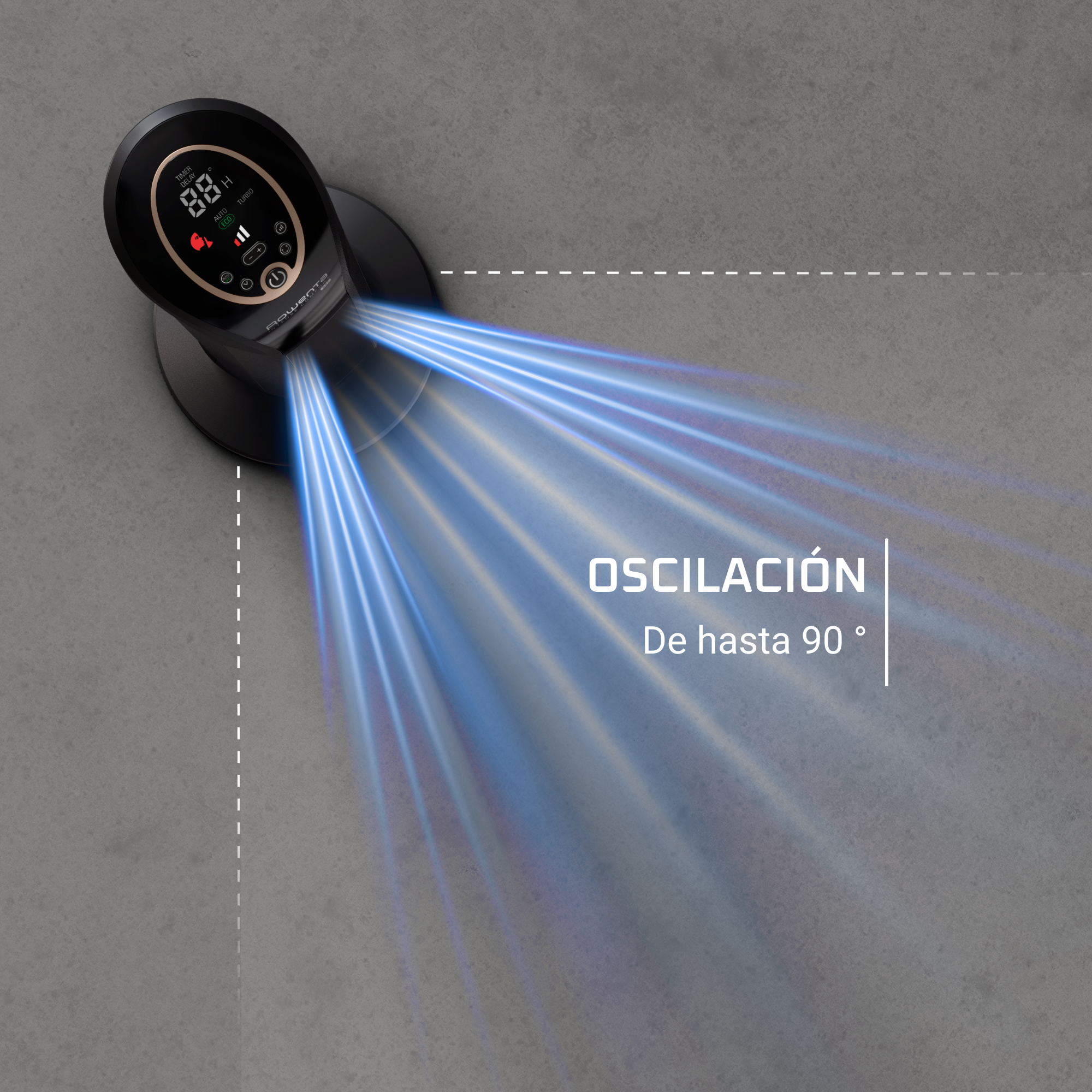 Un ventilador Rowenta negro, vista superior, con líneas de flujo de aire azules. Tiene una pantalla digital y botones de control arriba.