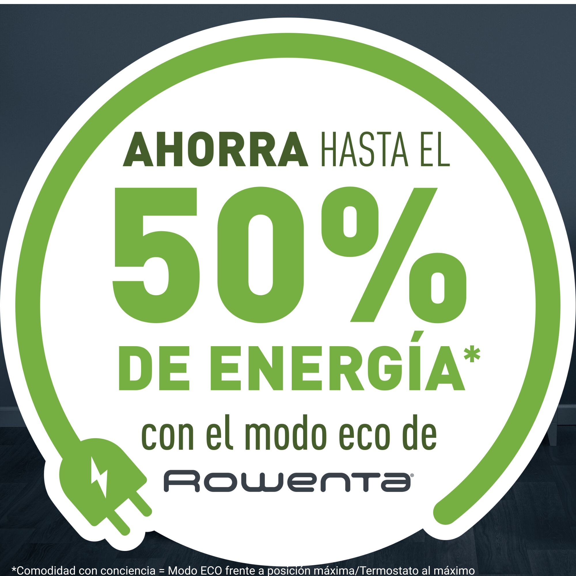 Una imagen promocional verde y blanca sobre ahorro de energía. El texto dice '50% DE ENERGÍA'.