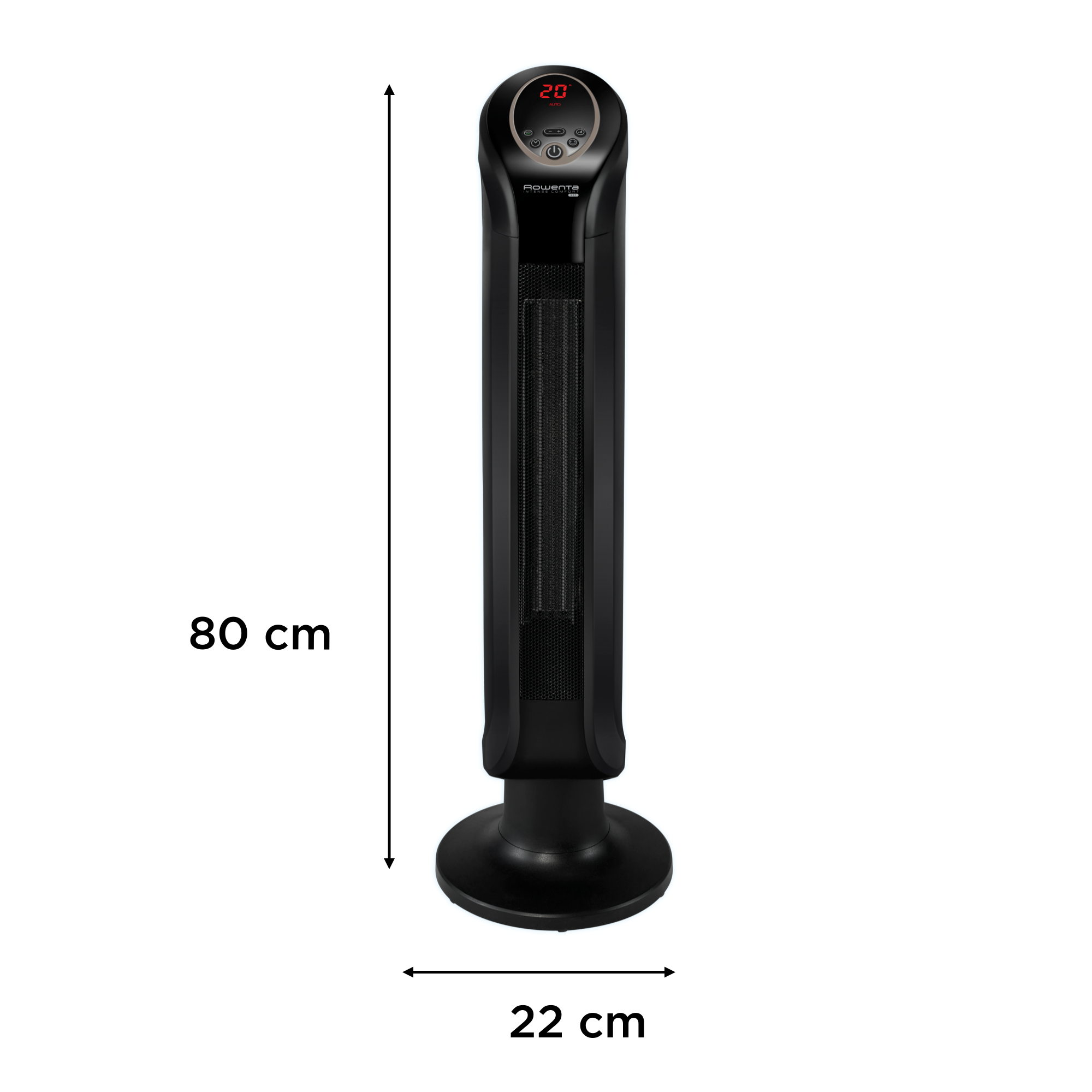 Un ventilador de torre negro y alto con pantalla digital y dimensiones.