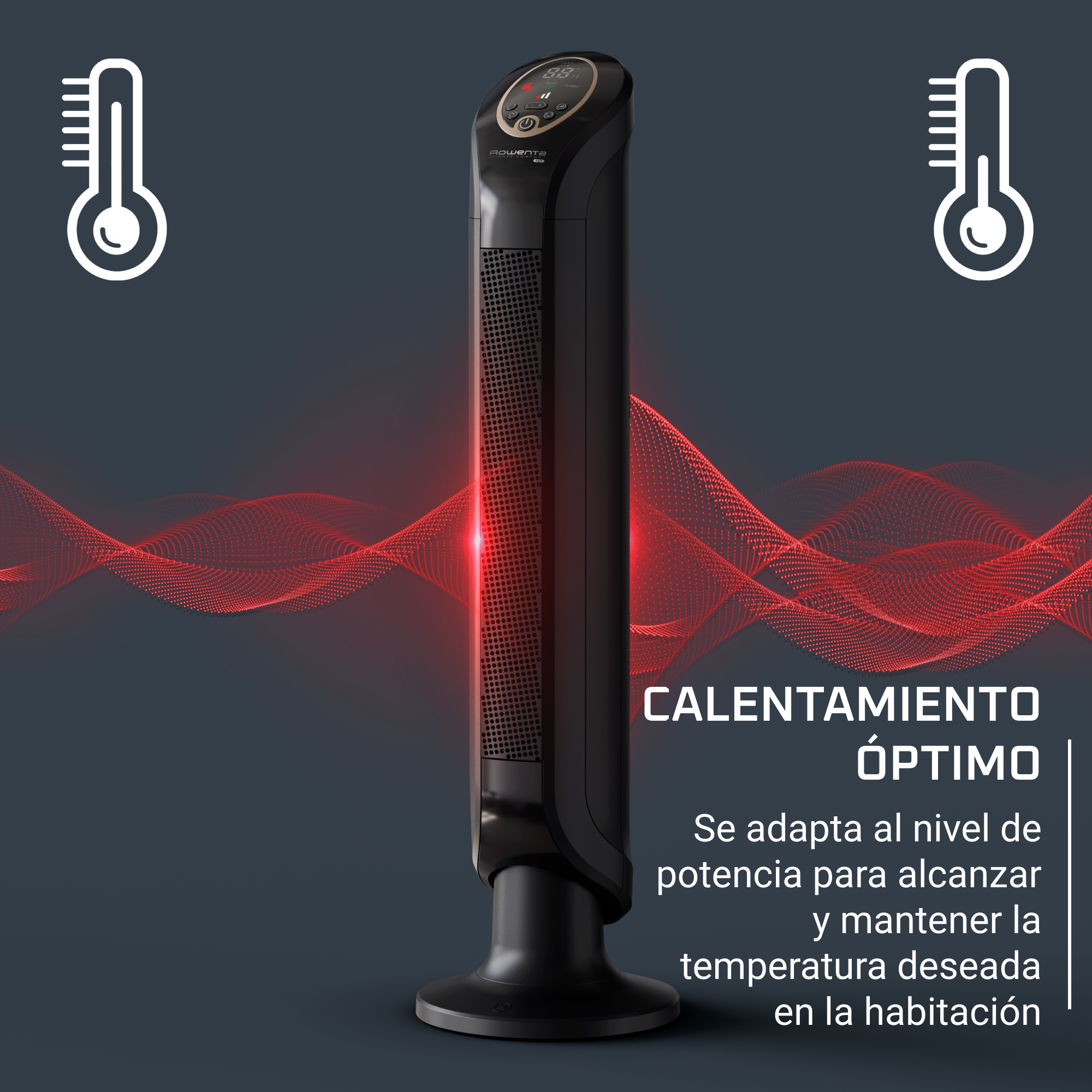 Un calefactor de torre negro con ondas rojas y dos termómetros sobre un fondo oscuro.
