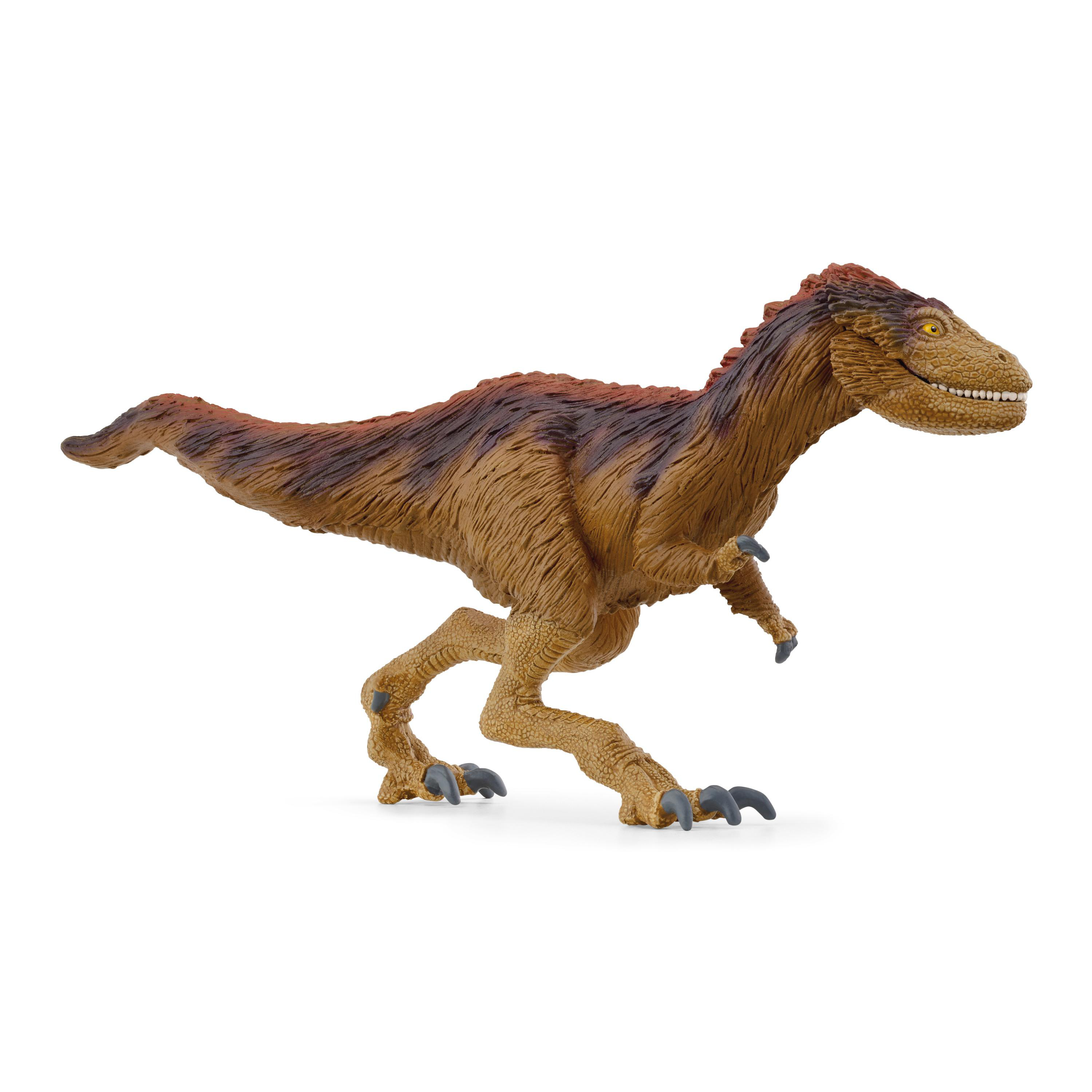 Braunes Dinosaurierspielzeug auf weißem Hintergrund. Es hat einen langen Schwanz und ist in Laufhaltung.