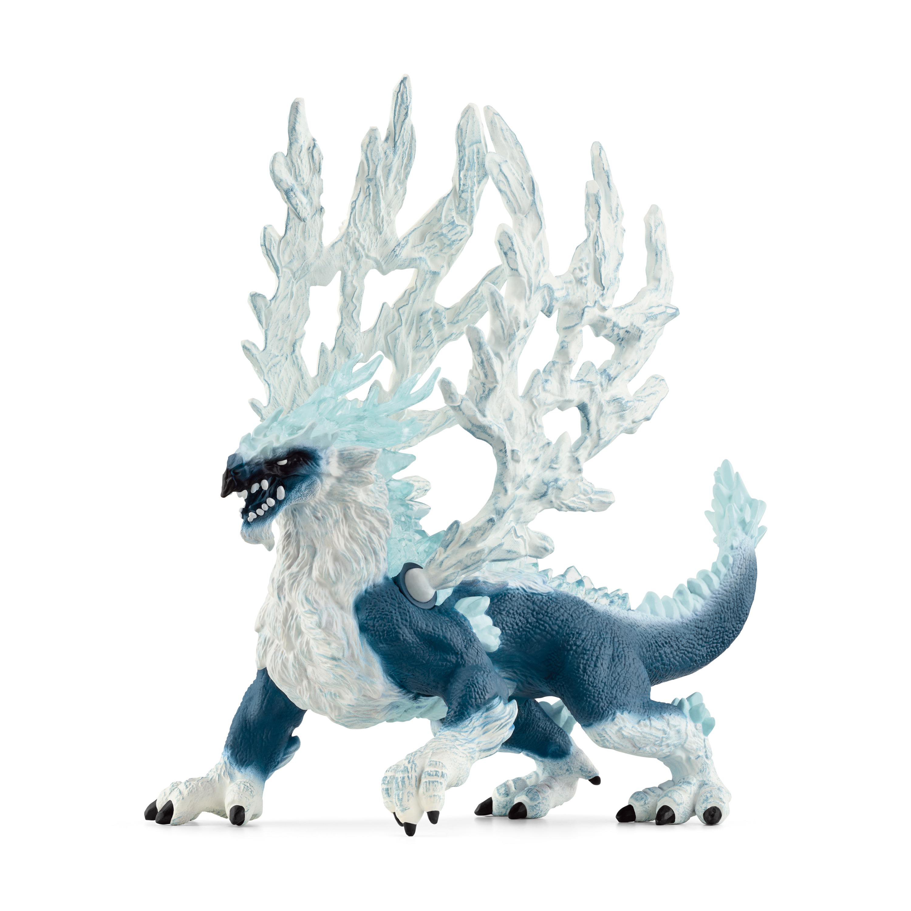 Ein blaues und weißes Fantasy-Kreaturen-Spielzeug. Es hat große Geweihe und einen langen, blauen Schwanz.