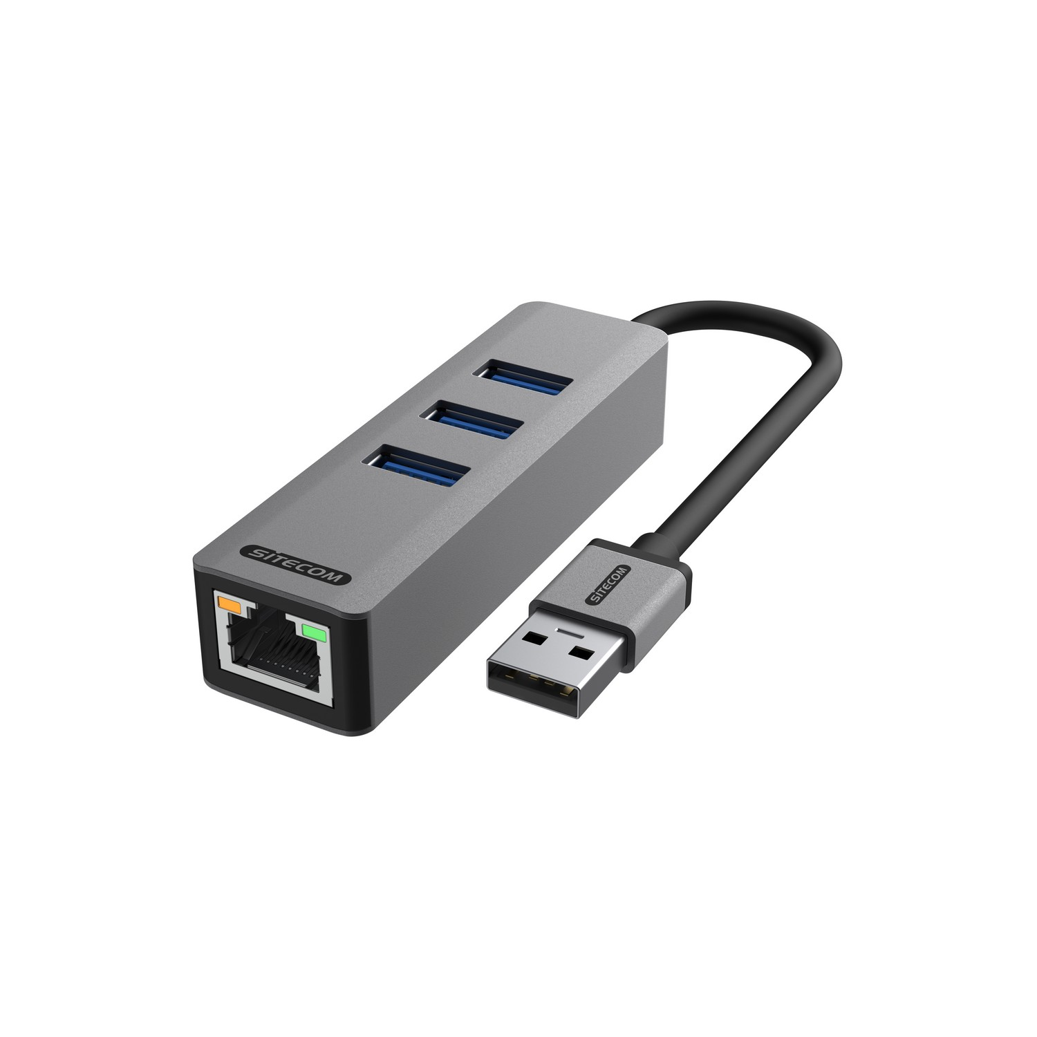Un hub USB gris avec trois ports et un port Ethernet, connecté à un câble USB-A.