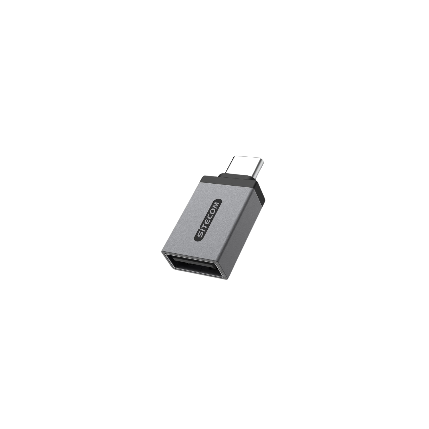 Adaptateur USB-C gris sur fond noir.