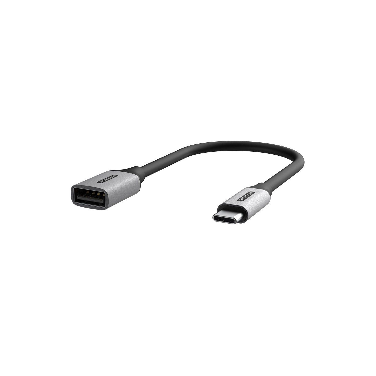 Un câble adaptateur USB-C vers USB noir et argenté sur fond blanc.