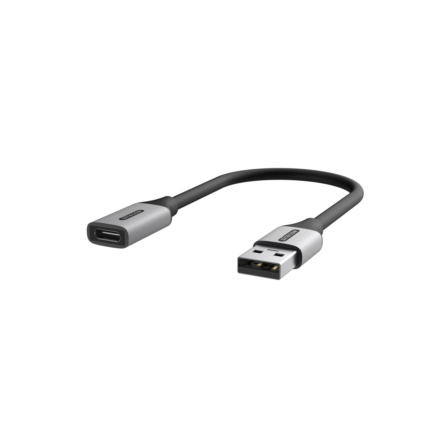 Un câble adaptateur USB-C vers USB-A, avec une finition argentée.