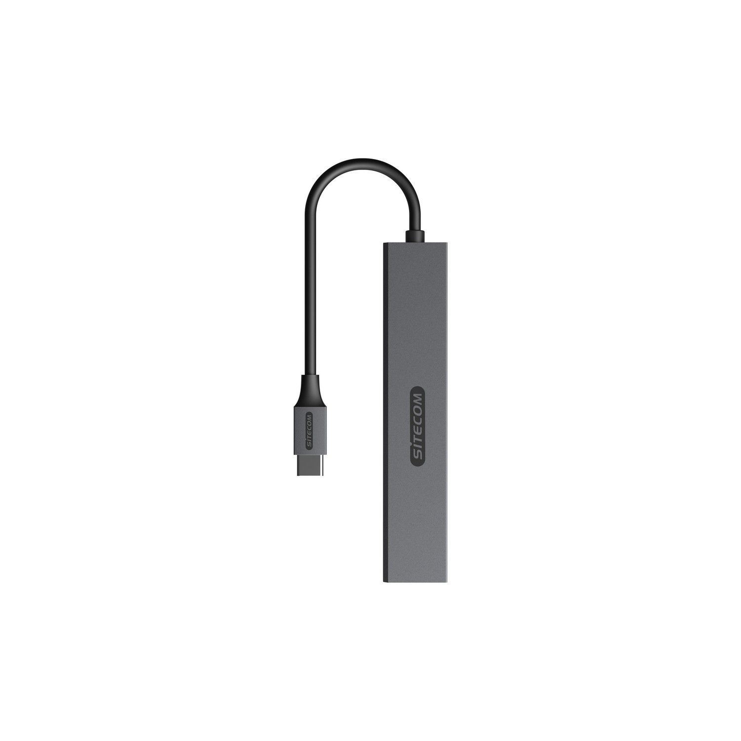 Adaptateur USB-C Sitecom gris avec un câble noir sur fond blanc.