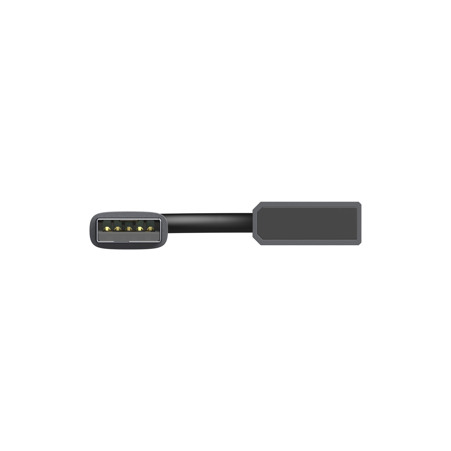 Un câble adaptateur USB-C vers USB-A noir et gris, avec une extrémité USB-C coudée.