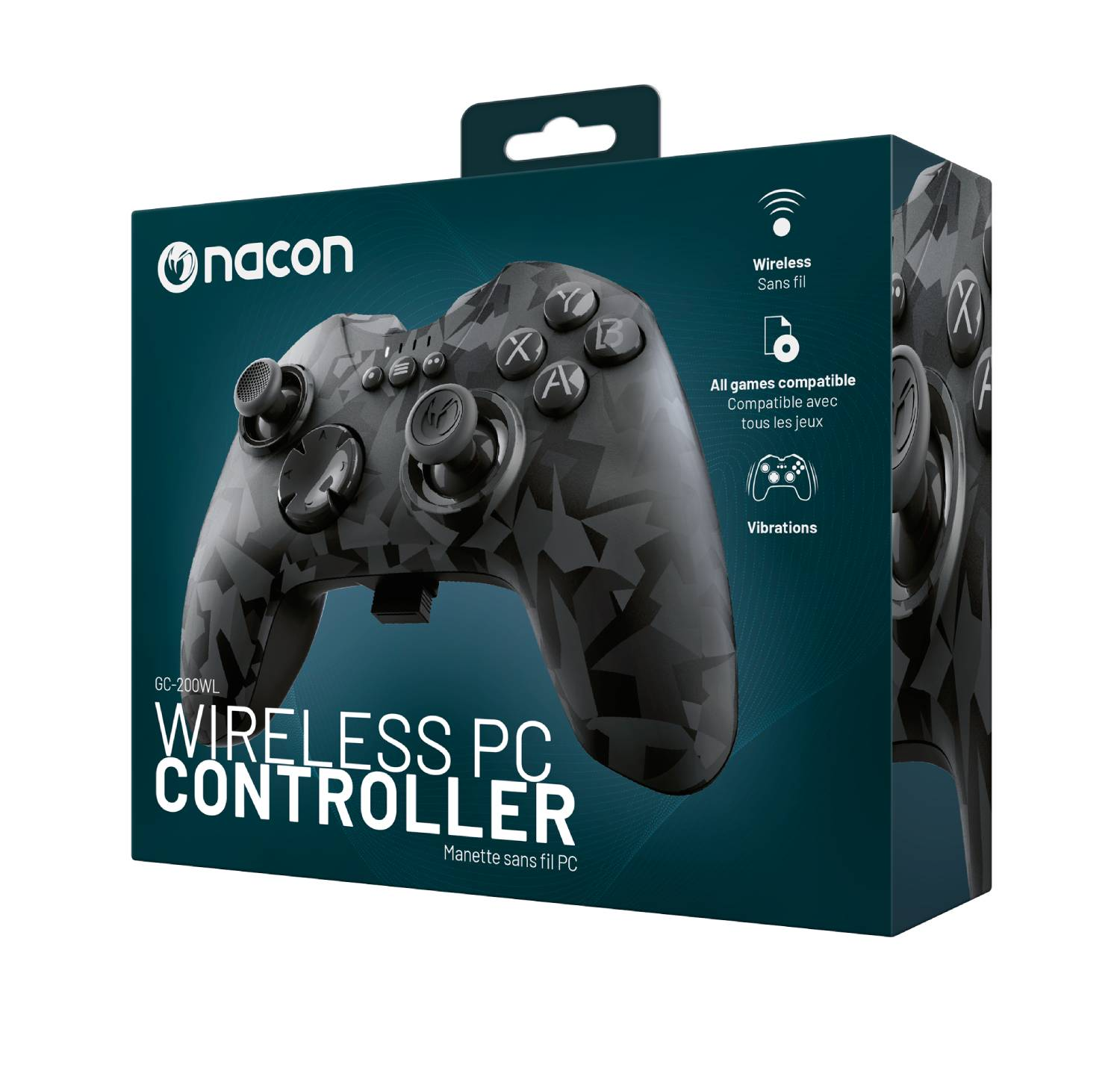 Mando inalámbrico para PC Nacon negro y gris en una caja. La caja tiene imágenes y texto.