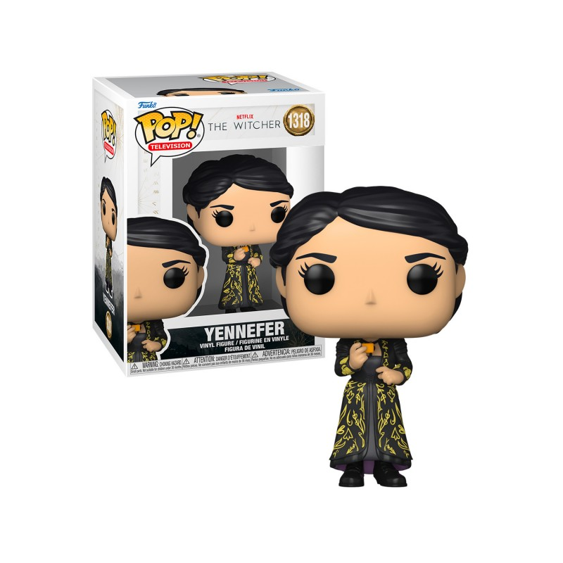 Una figura Funko Pop de Yennefer de The Witcher, en una caja con imágenes del personaje.