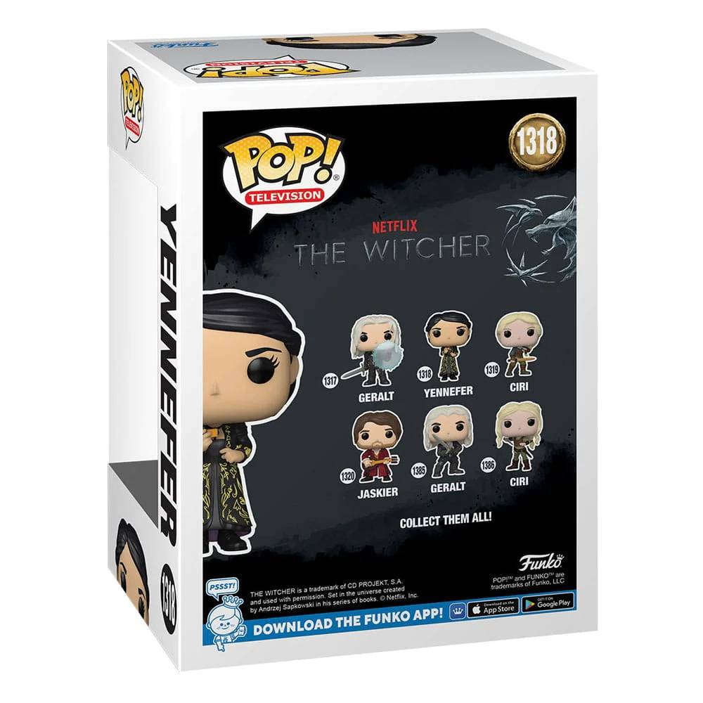 Caja Funko Pop de Yennefer. La caja tiene imágenes de personajes de The Witcher.