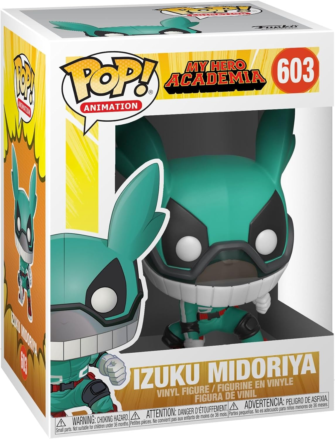 Figura de Izuku Midoriya Funko Pop en caja. Figura verde y blanca con pose dinámica.