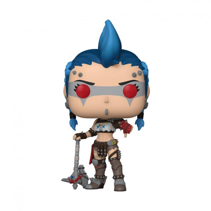 Una figura Funko Pop de un personaje femenino de videojuego con cabello azul y un arma.