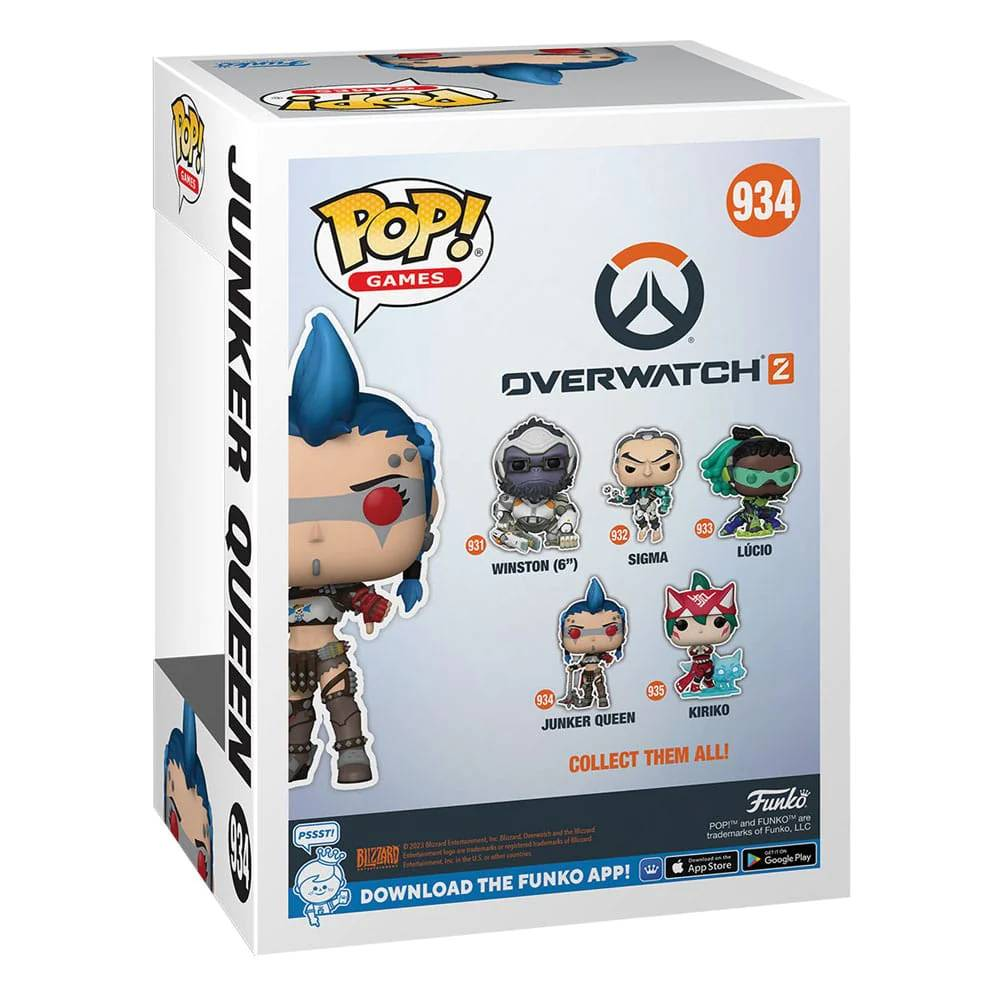 Parte trasera de una caja Funko Pop, Junker Queen de Overwatch 2, con arte de personajes y logos.
