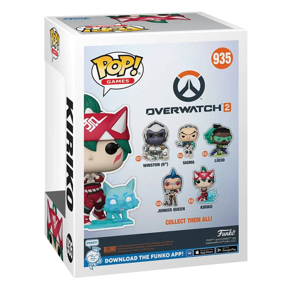 Caja Funko Pop de Kiriko de Overwatch 2. Muestra múltiples figuras. ¡Colecciónalos todos! Logos Funko y Blizzard.