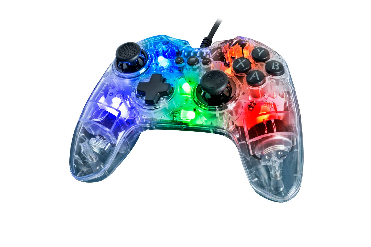 Mando de juego transparente e iluminado con botones de colores.
