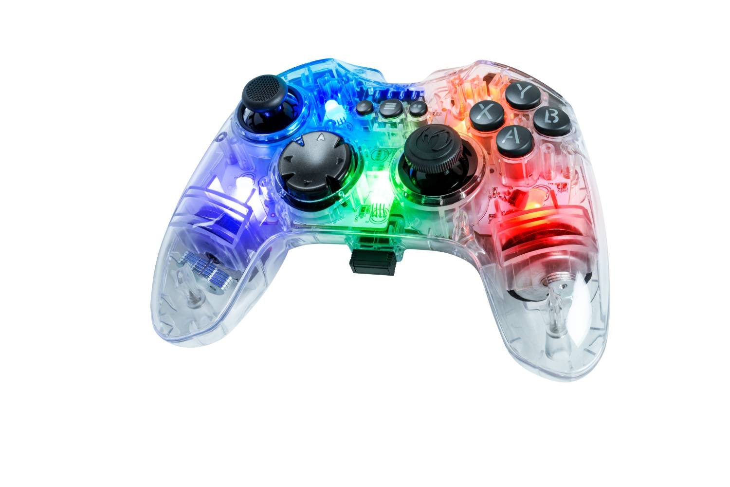 Un mando de juego transparente con luces coloridas. Los botones y joysticks son visibles.