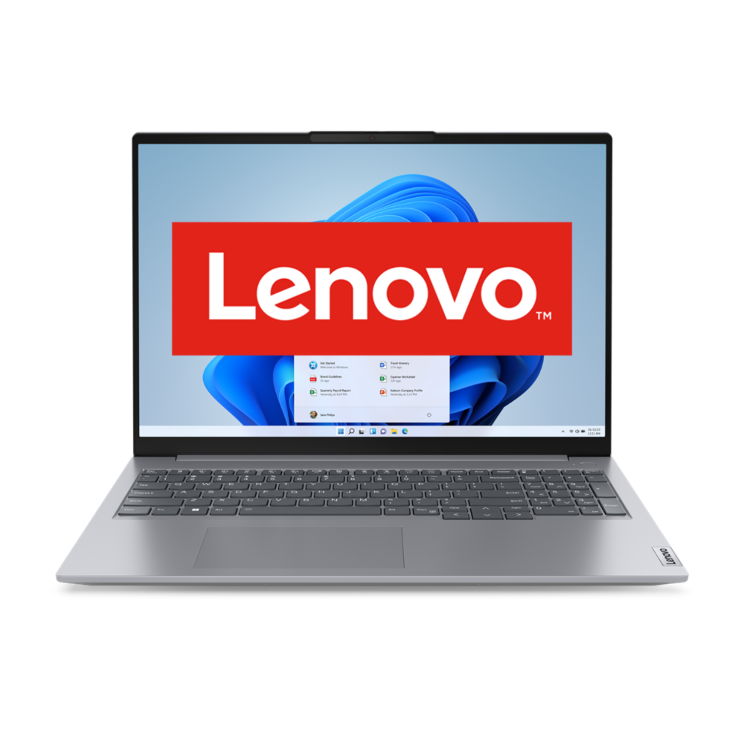 Een Lenovo laptop is open. Het scherm toont het Lenovo logo en een Windows bureaublad. De laptop is zilver op een zwarte achtergrond.