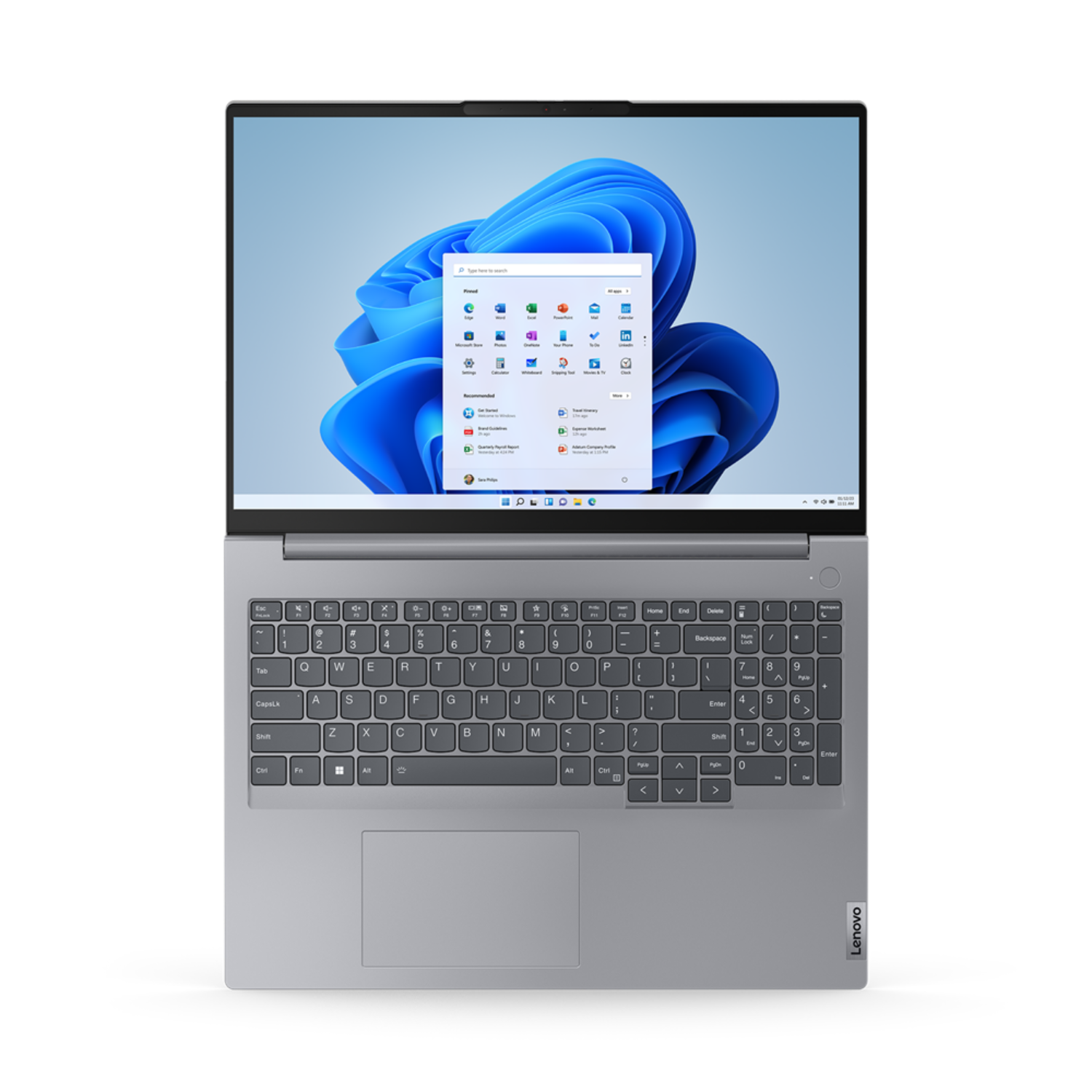 Een laptop met Windows 11 op het scherm. Het toetsenbord is zichtbaar met het Lenovo-logo onderaan.
