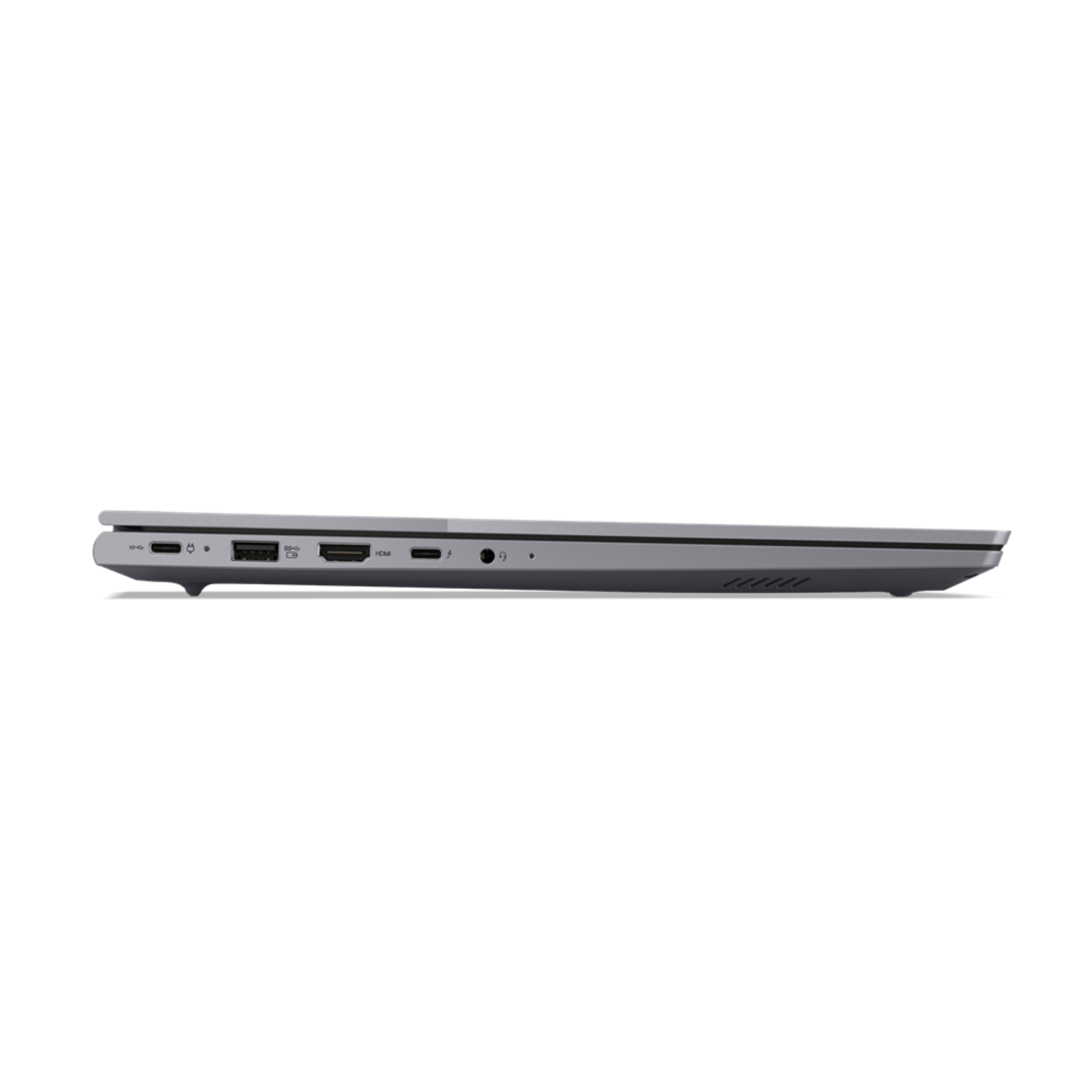 Een zijaanzicht van een laptop op een zwarte achtergrond. Het heeft poorten aan de linkerkant.
