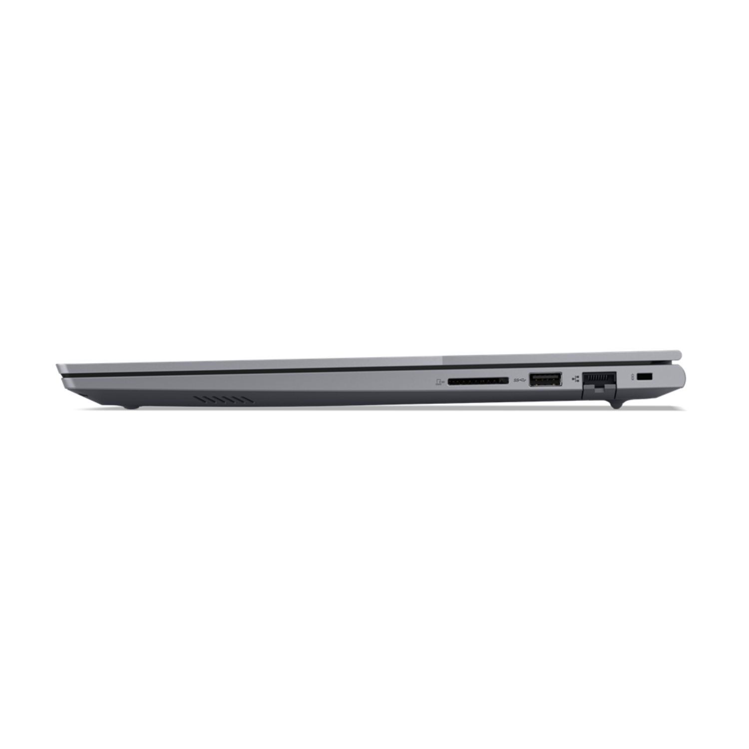 Zijprofiel van een grijze laptop tegen een zwarte achtergrond.