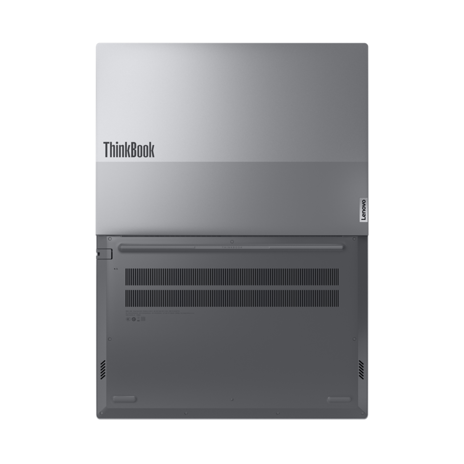Een zilveren Lenovo ThinkBook laptop, boven- en onderaanzicht op een zwarte achtergrond.